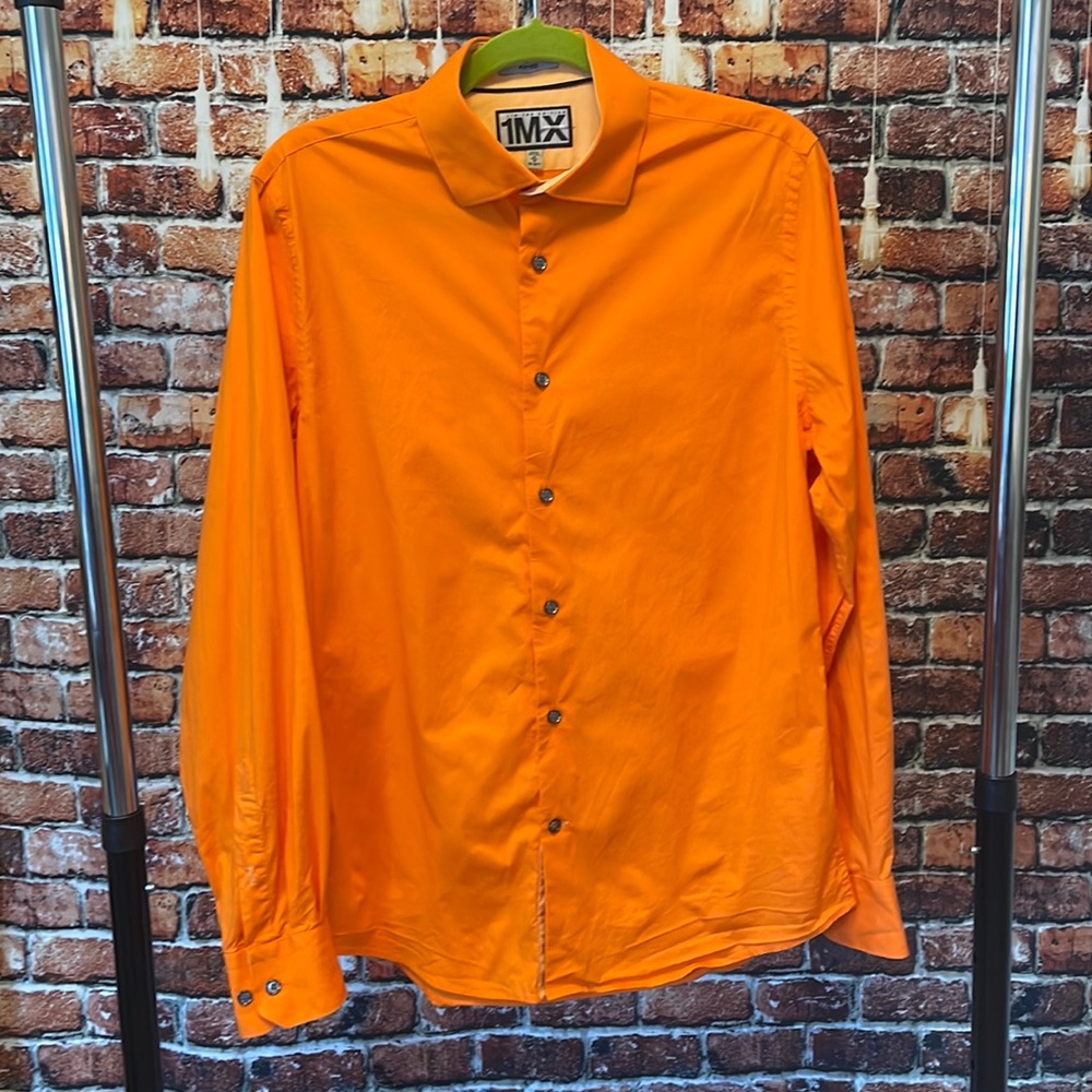 Express men’s orange fitted 1MX medium 15 15.5 button down shirt bright slim